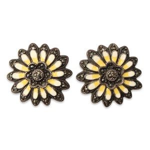 Vintage Yellow Enamel Marcasite Sterling Silver Daisy Flower Stud Earrings Large